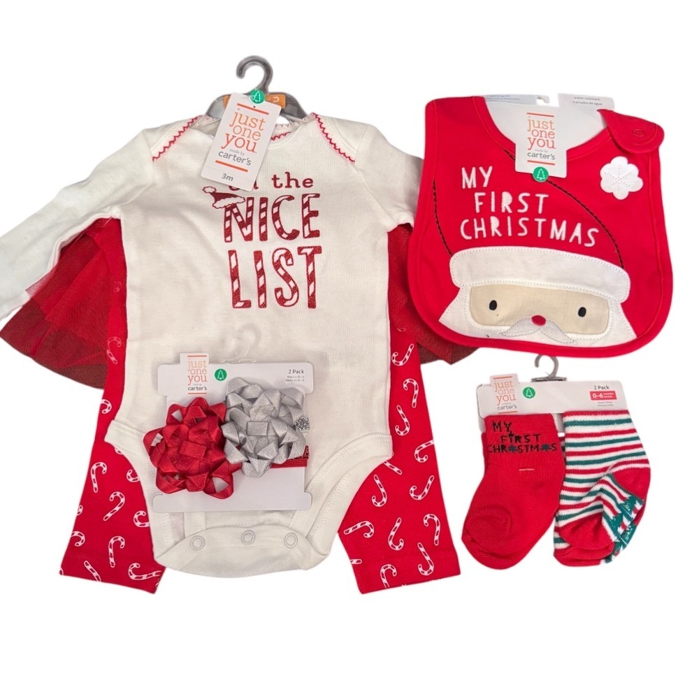 carter baby girls holiday winter santa outfit first bib bows socks 3 months